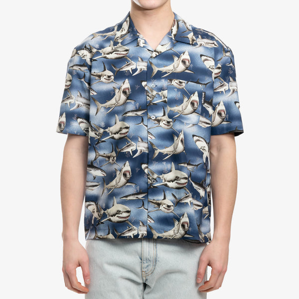 Palm Angels Mens Sharks Bowling Shirt in Blue