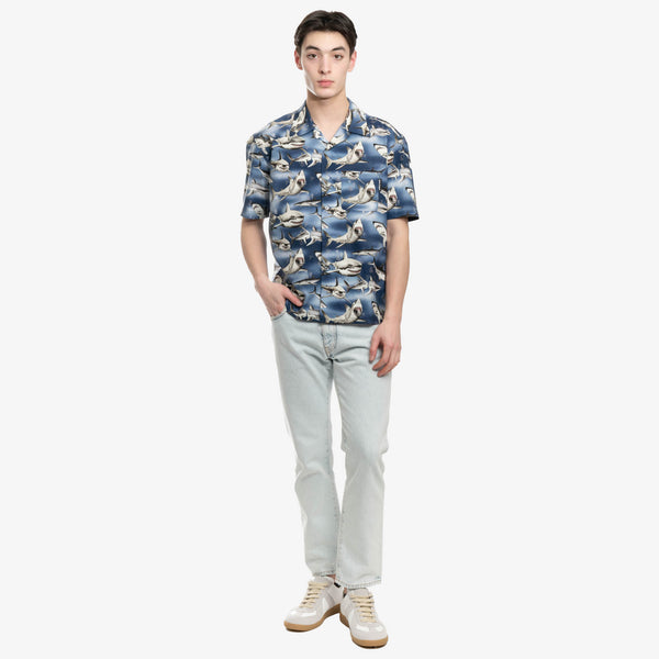 Palm Angels Mens Sharks Bowling Shirt in Blue