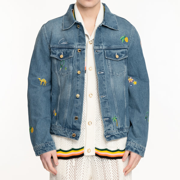 Mens Casablanca Coat Stone Wash Motif Denim Jacket in Blue