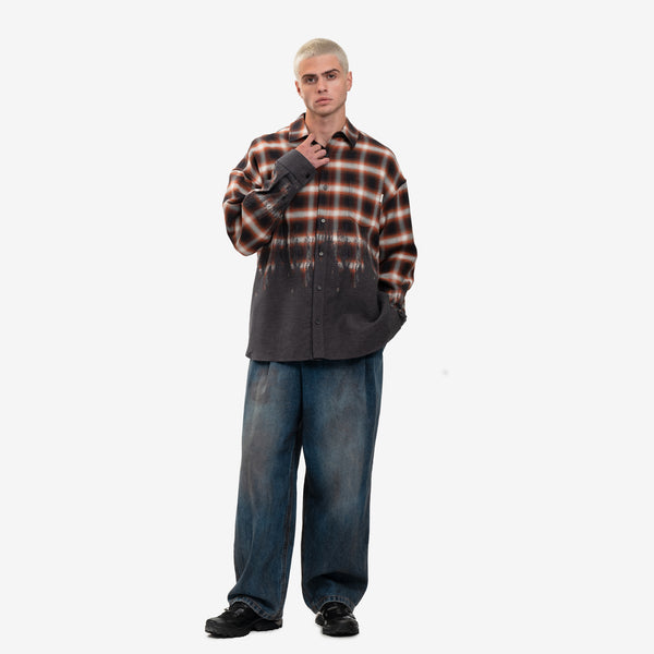 Juun.J Mens Loose Fit Border Check Shirt in Brown