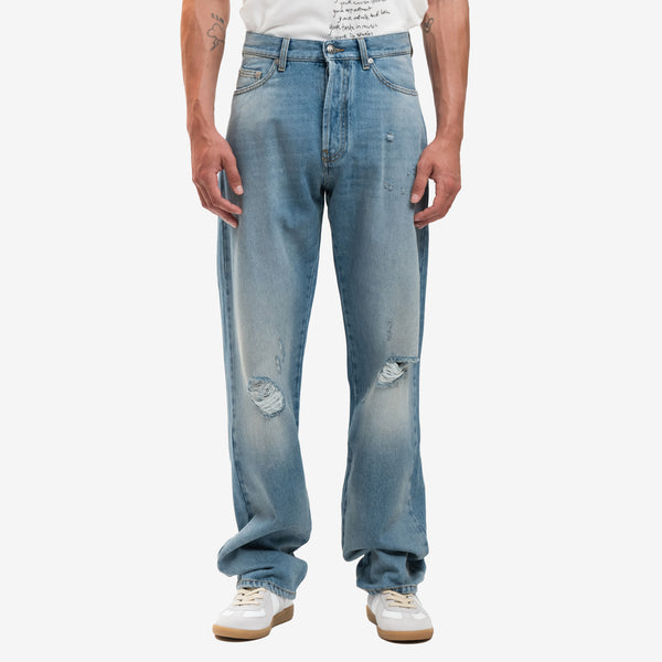 Palm Angels Mens Medium Wash Monogram Series Loose Jeans