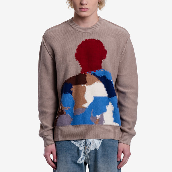 Mens Kidsuper Reverse Intarsia Figure Sweater in Tan
