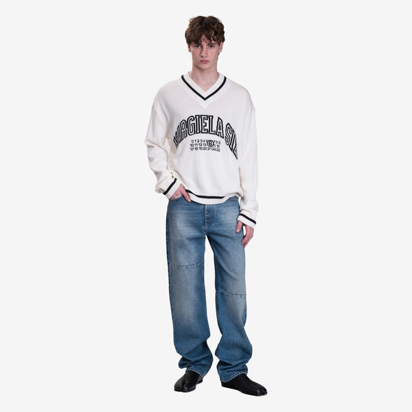 Maison Margiela MM6 Mens V-Neck Varsity Knit Jumper in Off White