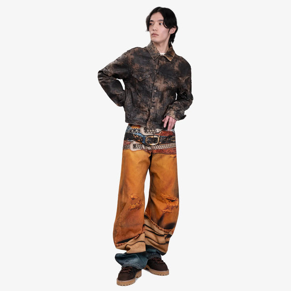 Acne Studios Mens Distressed Monogram Denim Jacket in Brown