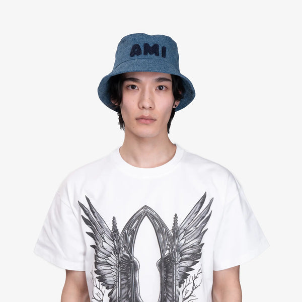 AMI Paris Unisex Denim AMI Bucket Hat in Used Indigo