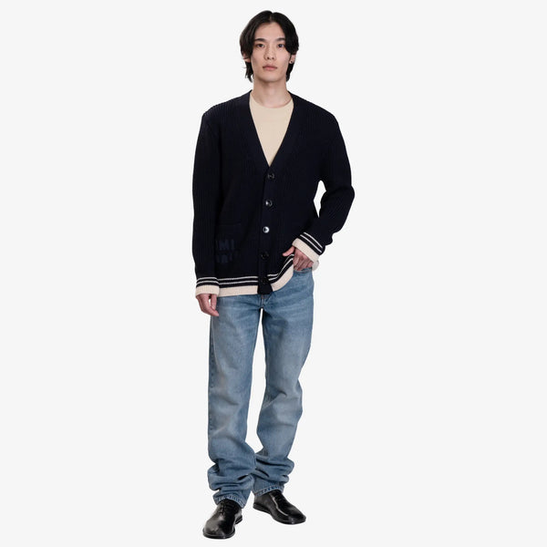 Ami Paris Mens Ribbed Cardigan in Navy