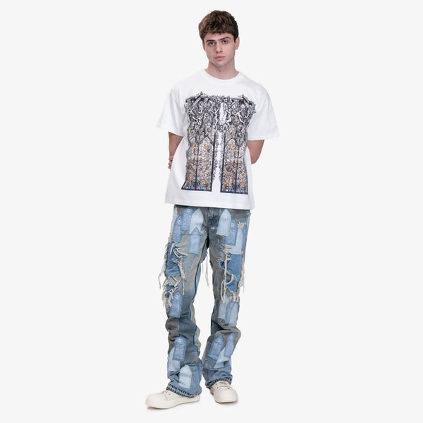 Who Decides War Mens Patched Arch Repaired Blowout Jeans in Blue